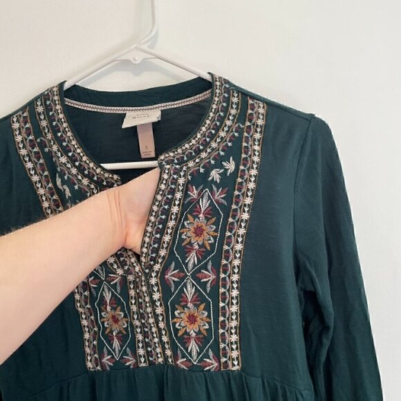 KNOX ROSE Embroidered Knit Top Dark Green Floral Boho Long Sleeve Peasant Blouse - Picture 8 of 13